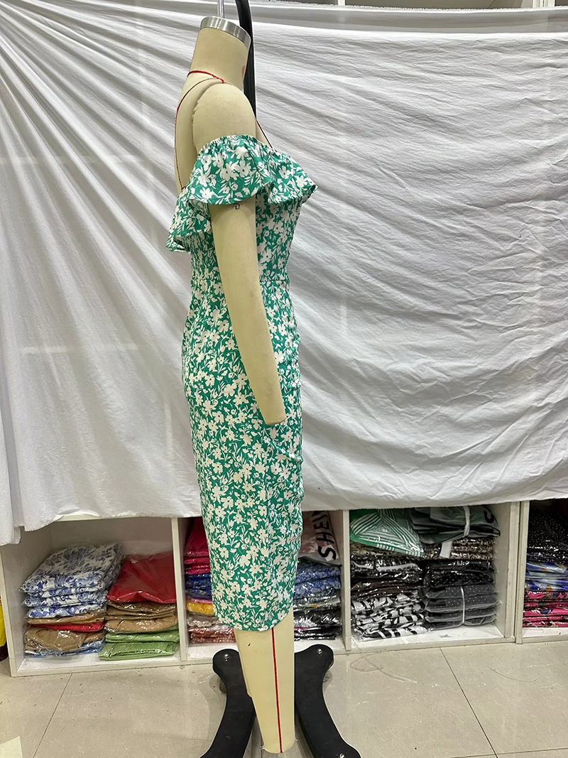 Fashion Green Ruffled Polyester Printed Off-shoulder Dress,Long Dress