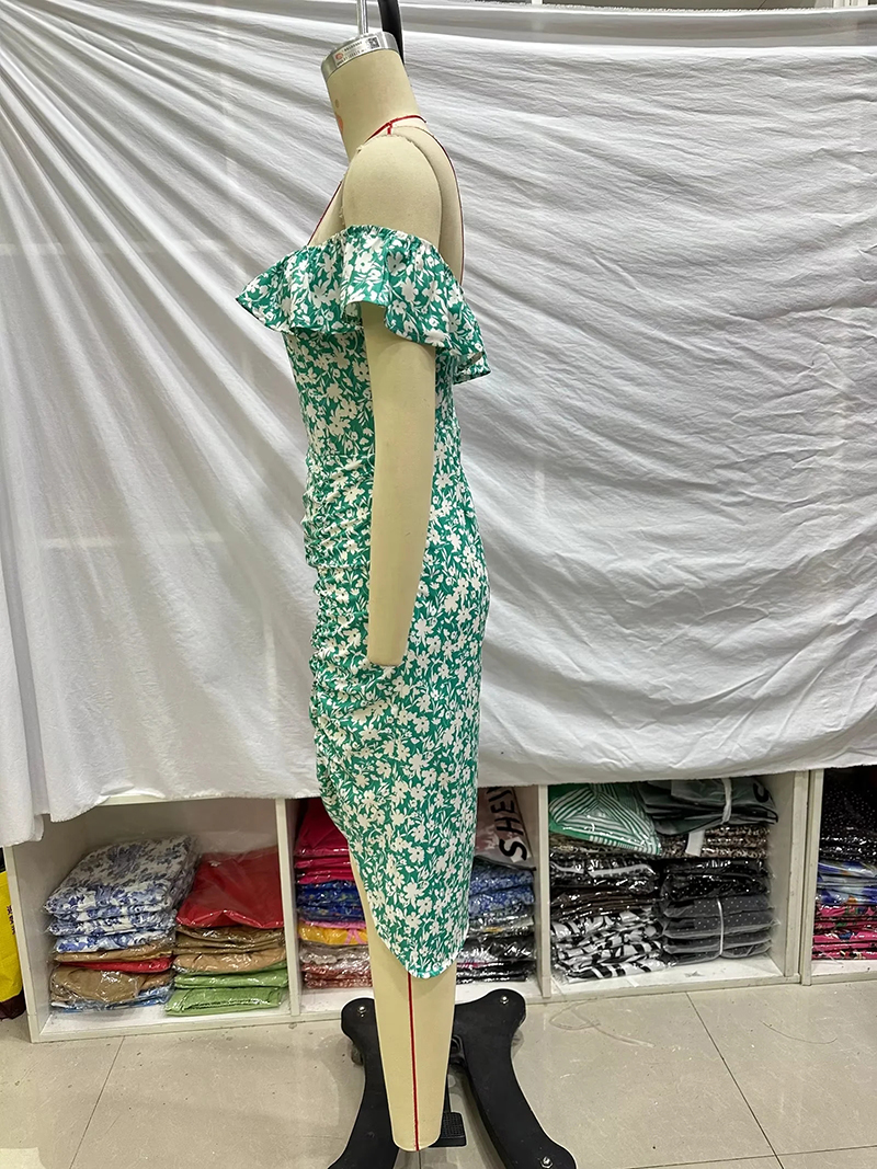 Fashion Green Ruffled Polyester Printed Off-shoulder Dress,Long Dress