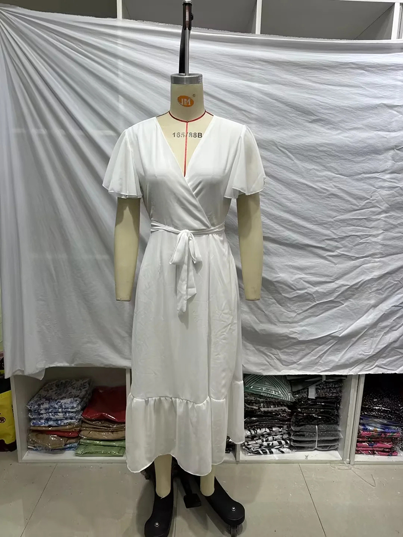 Fashion White Polyester V Neck Tie Dress,Long Dress