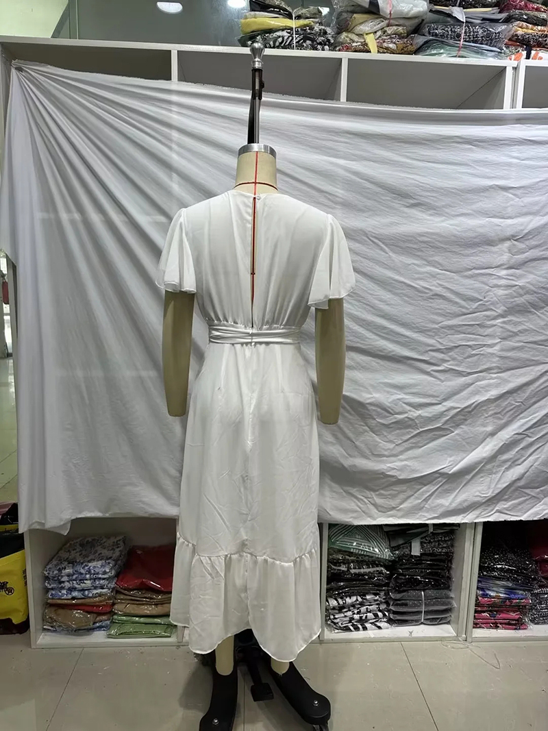 Fashion White Polyester V Neck Tie Dress,Long Dress