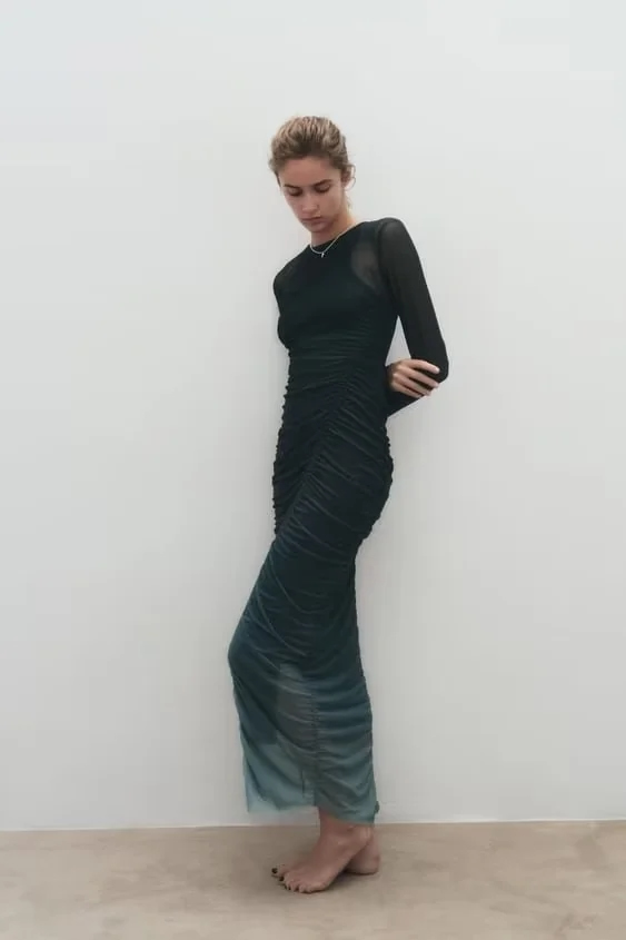 Fashion Grey Knit Ombré Tulle Dress,Long Dress