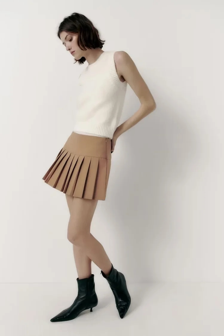 Fashion Coffee Color Striped Blend Skirt With Pleats,Shorts
