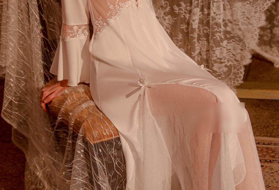 Fashion White Deep V Mesh Embroidery Lace Stitching Nightdress,SLEEPWEAR & UNDERWEAR