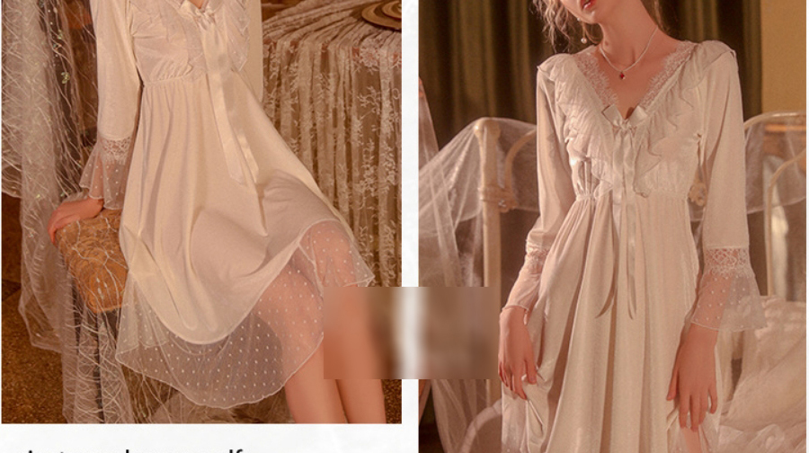 Fashion White Velvet Mesh Bell Sleeve Long Sleeve Lace Nightdress,SLEEPWEAR & UNDERWEAR