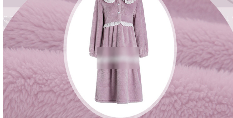 Fashion Light Purple Flannel Doll Collar Lace Panel Pleated Nightdress,SLEEPWEAR & UNDERWEAR