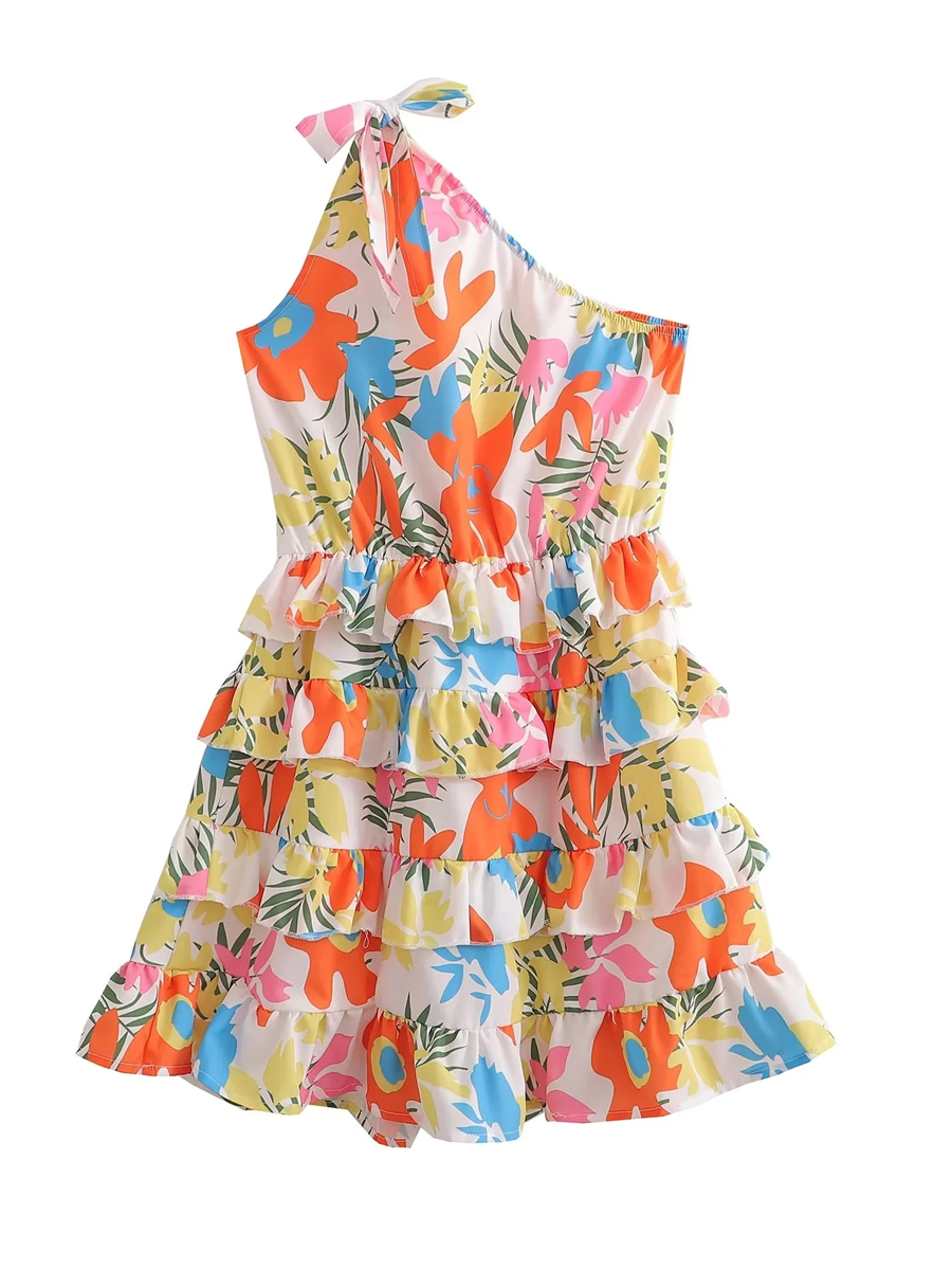 Fashion Printing Polyester Print Layered One Shoulder Dress,Mini & Short Dresses