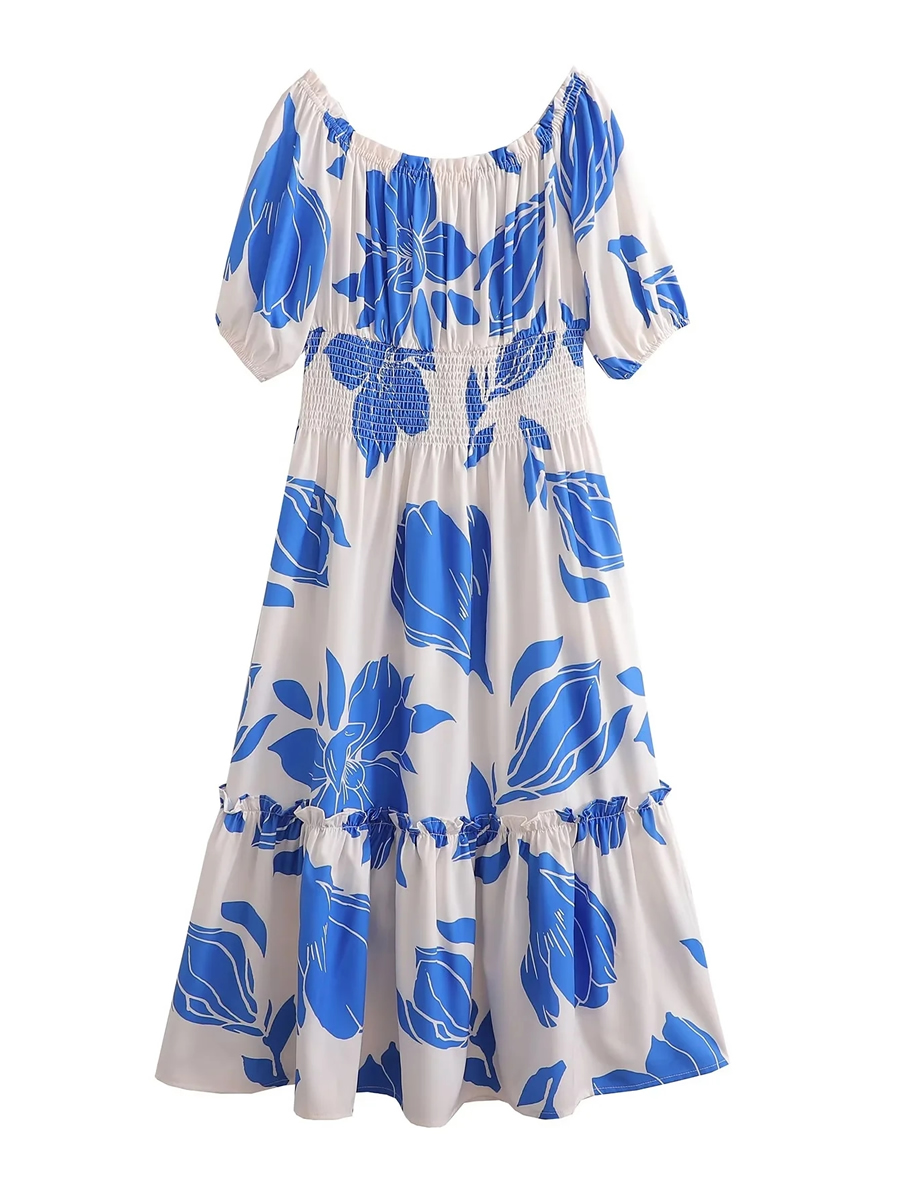 Fashion Blue Polyester Printed One Shoulder Dress,Knee Length