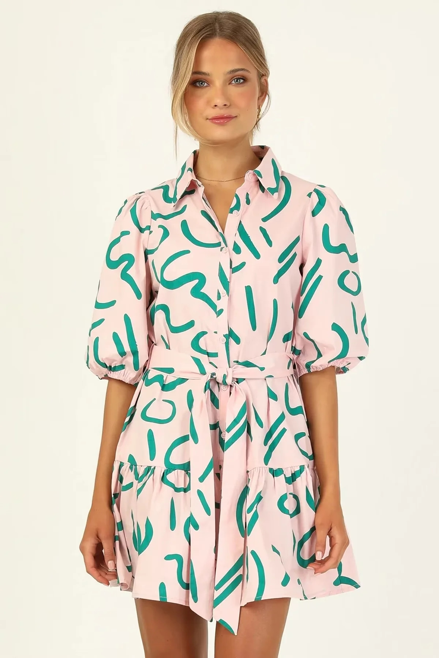 Fashion Printing Polyester Print Lace Lapel Dress,Mini & Short Dresses