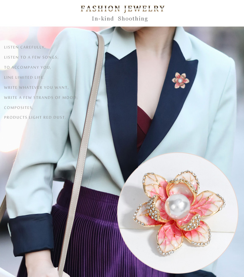 Fashion Pink Alloy Drip Oil Flower Inlaid Pearl Brooch,Korean Brooches