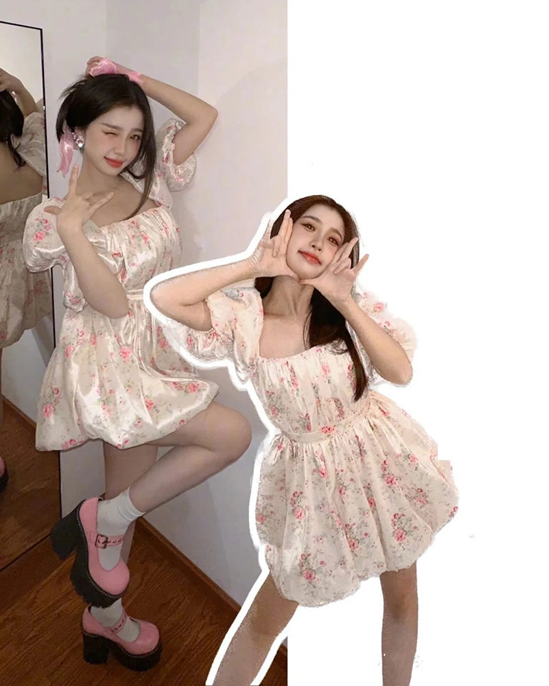 Fashion Pink Saton Printing Fang Ling Dress,Mini & Short Dresses