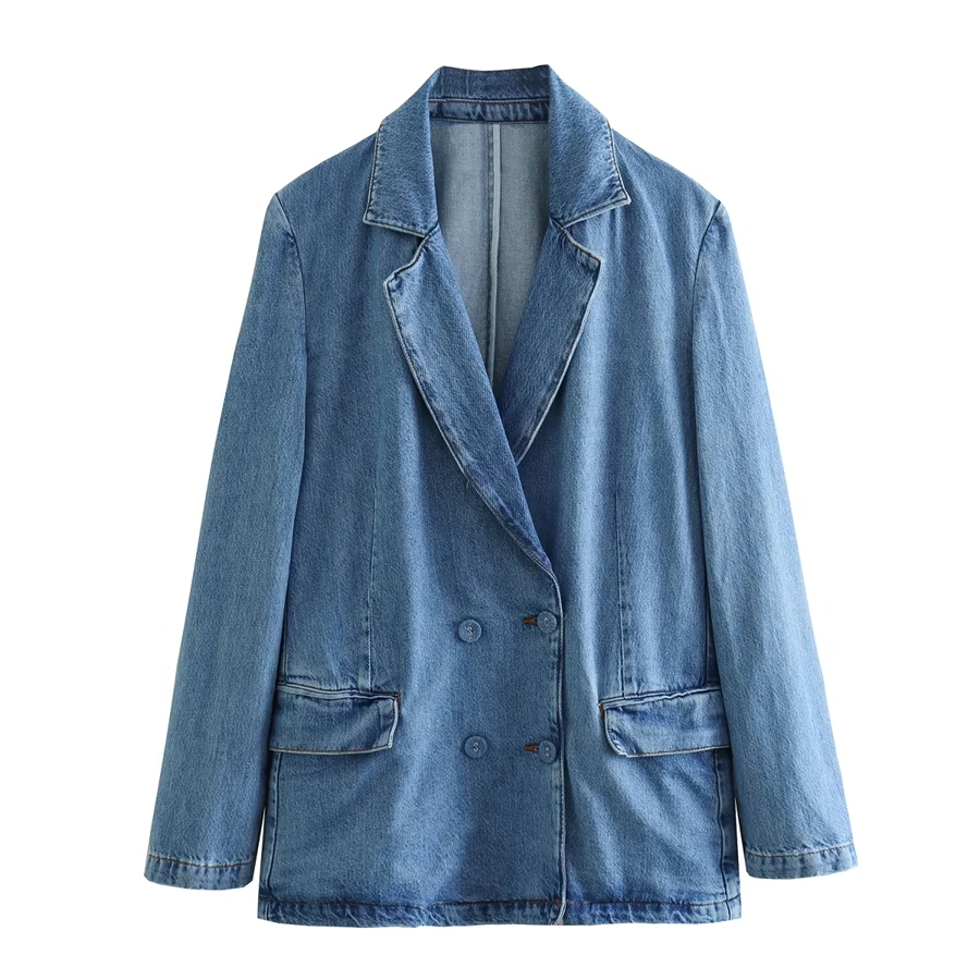 Fashion Blue Denim Double -breasted Jacket,Coat-Jacket