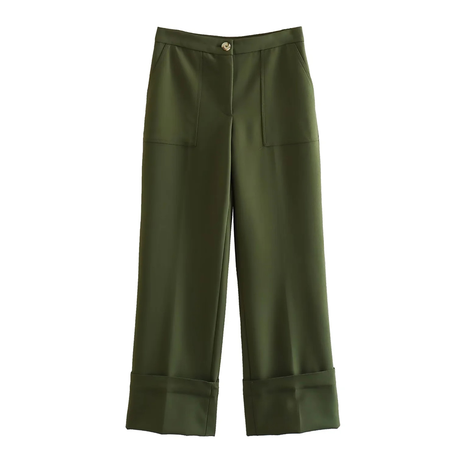 Fashion Green Polyester Rolled Pocket Trousers,Pants