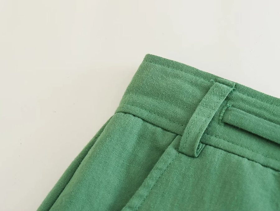 Fashion Green Linen Straight Trousers,Pants