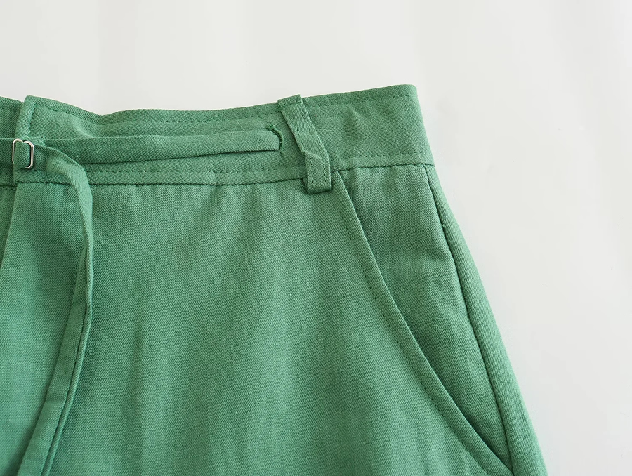 Fashion Green Linen Straight Trousers,Pants