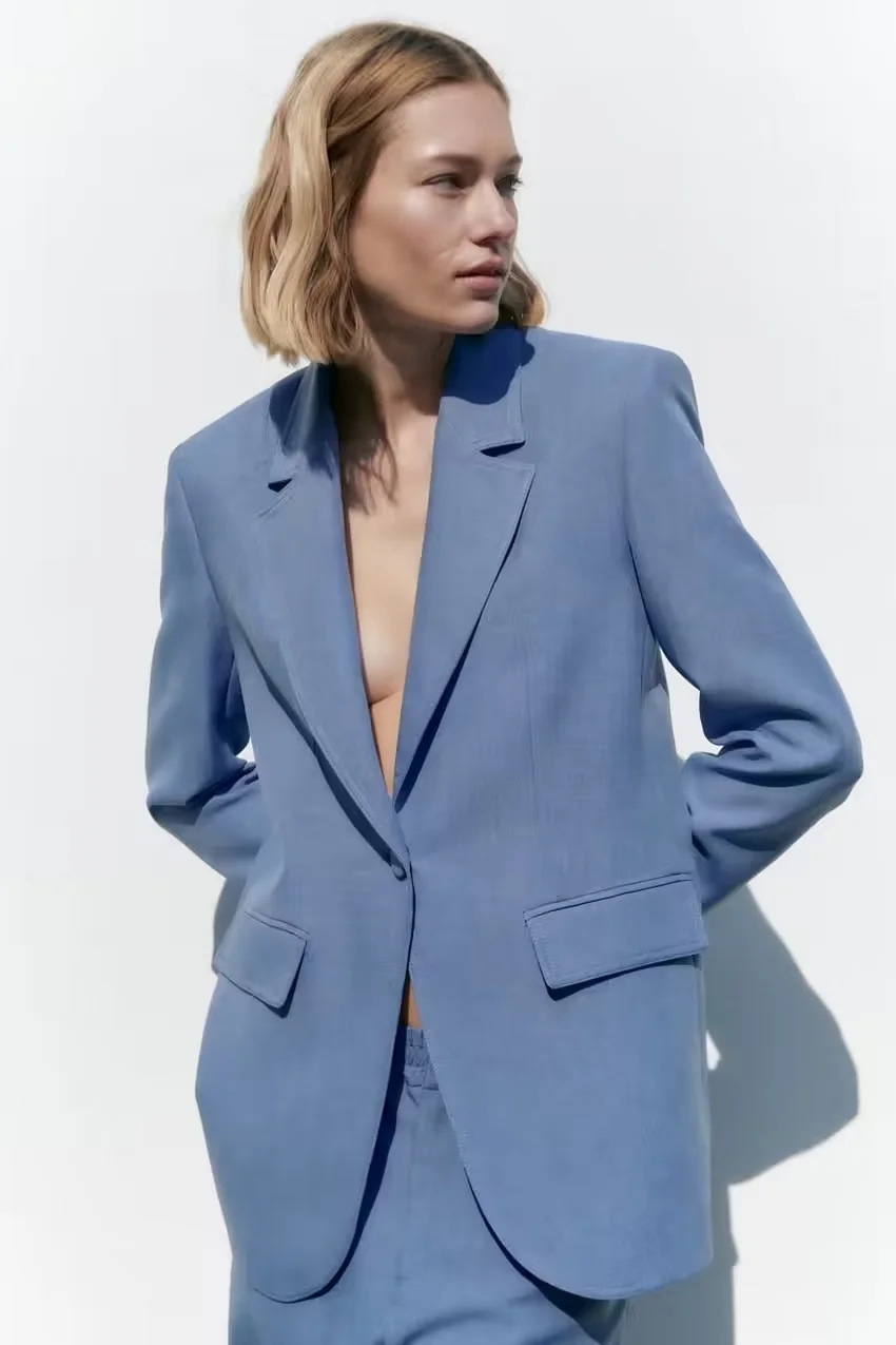 Fashion Light Blue Polyester Single Buckle Pocket Decorative Suit Jacket,Coat-Jacket