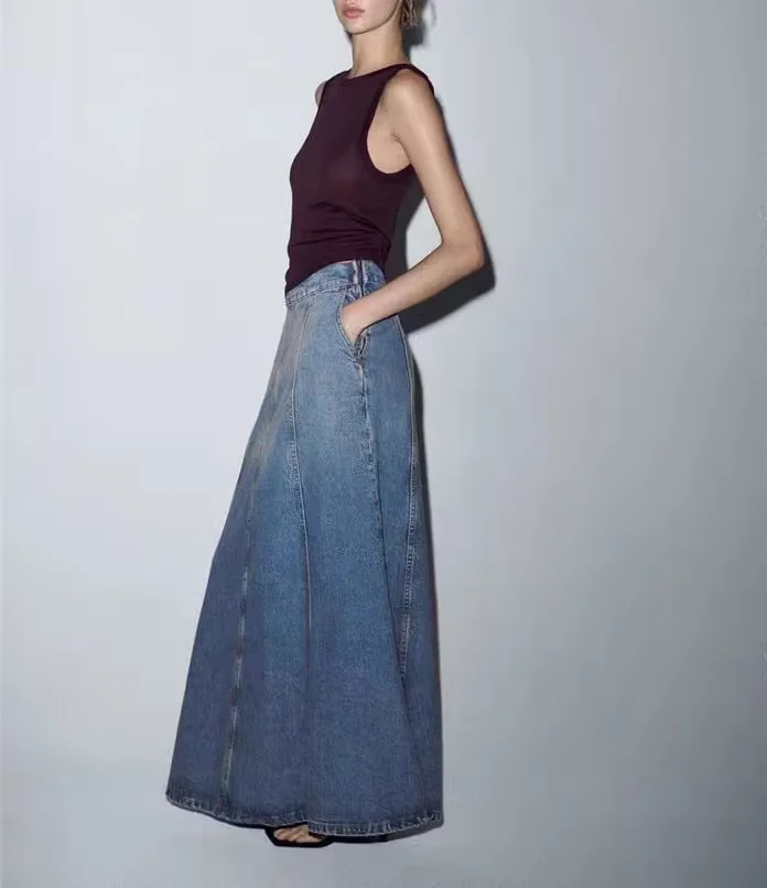 Fashion Blue Denim Flared Skirt,Skirts