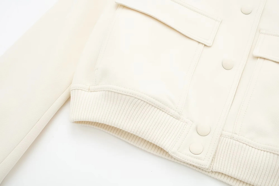 Fashion White Blended Stand Collar Cropped Jacket With Oversized Pockets,Coat-Jacket