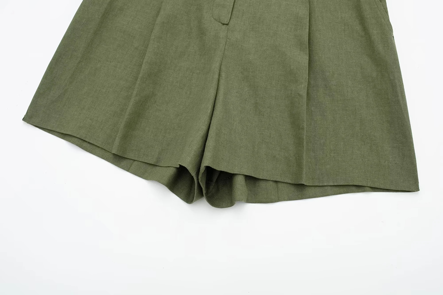 Fashion Green Linen Single Button Micro Pleated Shorts,Shorts
