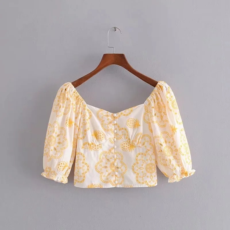 Fashion Beige Cotton Floral Puff Sleeve Square Neck Cropped Top,Tank Tops & Camis