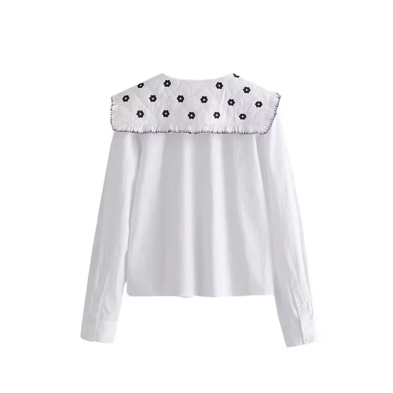 Fashion White Cotton Embroidered Doll Collar Shirt,Tank Tops & Camis