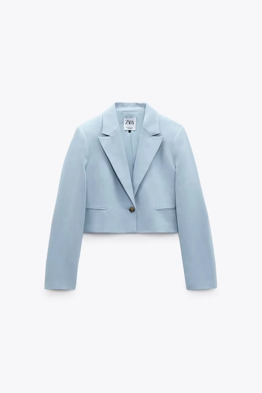 Fashion Blue Cotton And Linen Cropped Blazer,Coat-Jacket