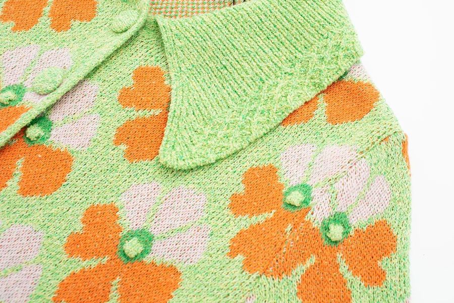 Fashion Green Floral Jacquard-knit Lapel Top,Tank Tops & Camis