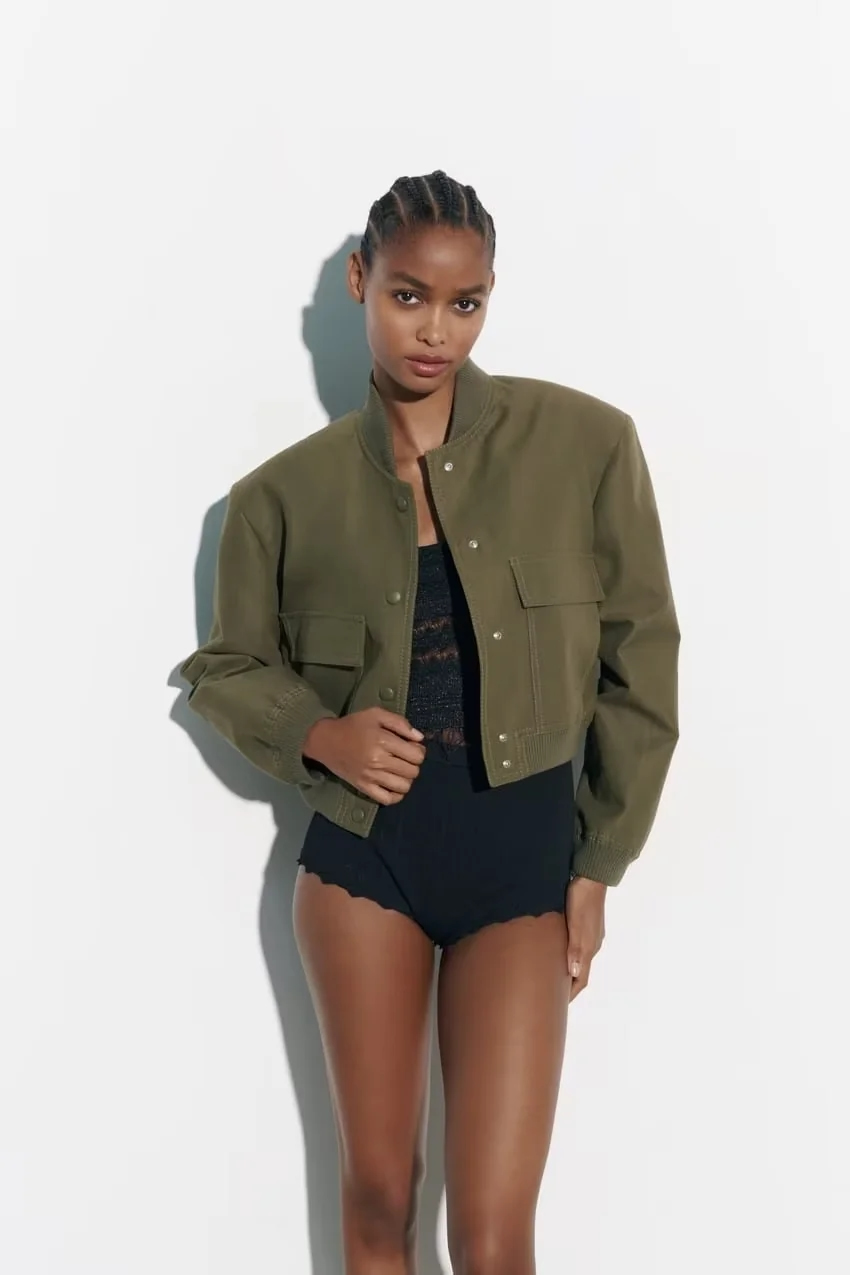 Fashion Green Cropped Blend Button-up Stand-collar Oversized Pocket Jacket,Coat-Jacket