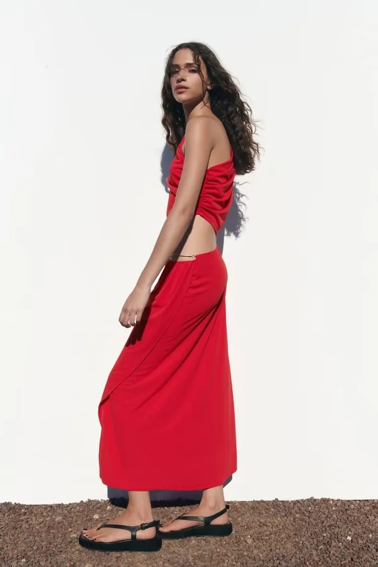 Fashion Red Polyester Crinkled Asymmetric Top,Tank Tops & Camis