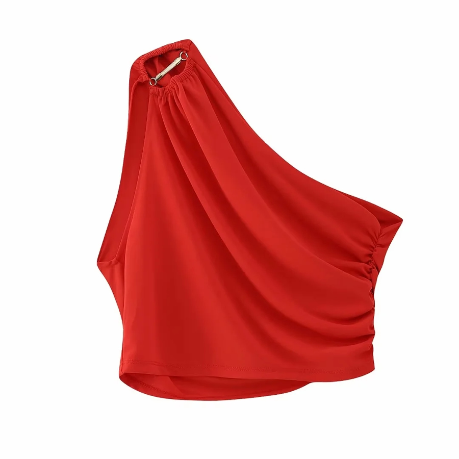Fashion Red Polyester Crinkled Asymmetric Top,Tank Tops & Camis