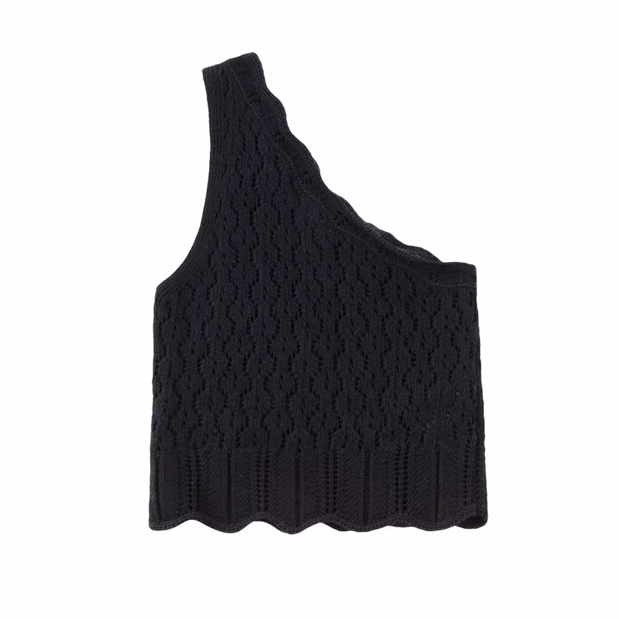 Fashion Black Jacquard Mesh-knit Asymmetric Top,Tank Tops & Camis