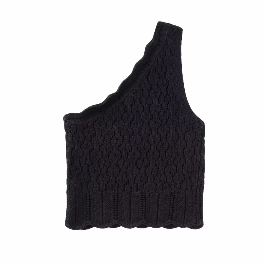 Fashion Black Jacquard Mesh-knit Asymmetric Top,Tank Tops & Camis