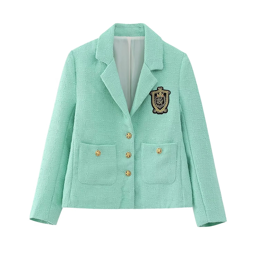 Fashion Green Textured Blazer With Pockets,Coat-Jacket