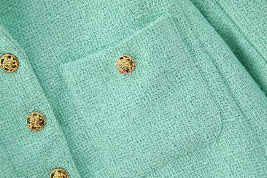 Fashion Green Textured Blazer With Pockets,Coat-Jacket