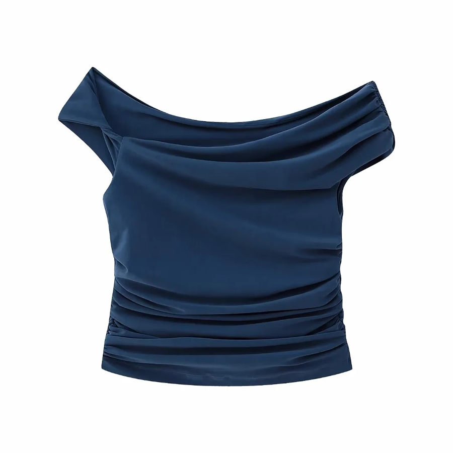 Fashion Blue Pleated Off-shoulder Top,Tank Tops & Camis