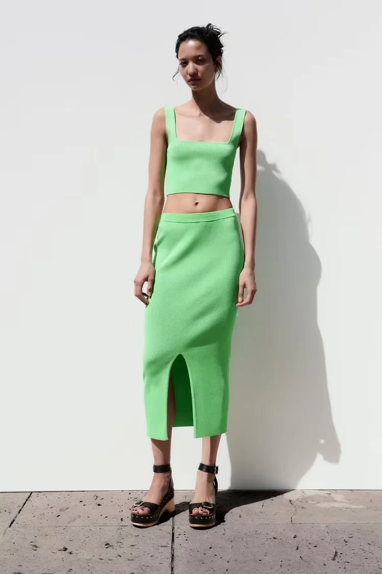 Fashion Green Ribbed-knit Slit Skirt,Skirts