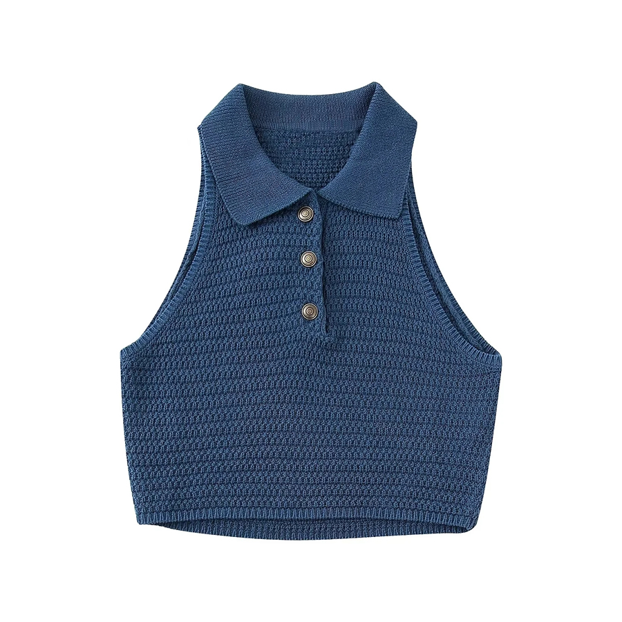 Fashion Blue Solid Color Knit Lapel Top,Tank Tops & Camis