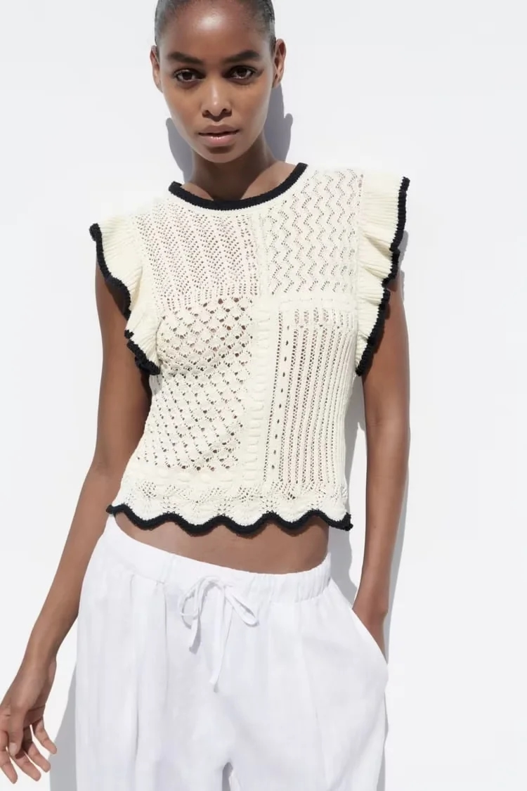 Fashion White Layered Jacquard Mesh-knit Top,Tank Tops & Camis