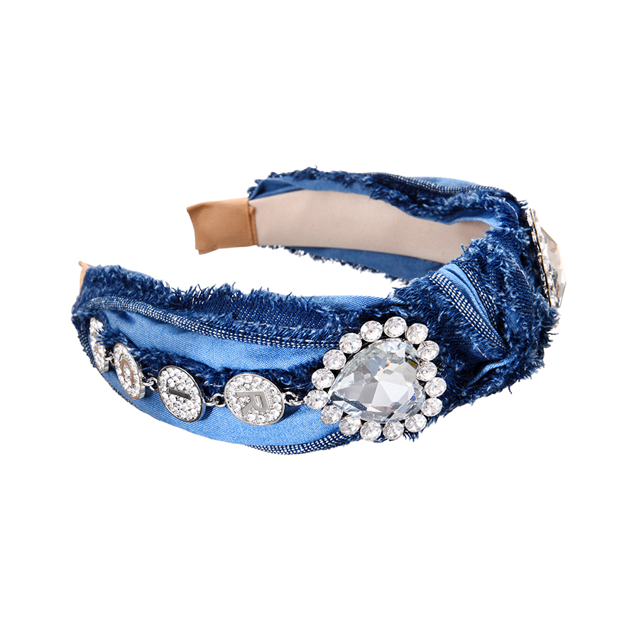 Fashion Navy Blue Alloy Diamond Heart Letter Knotted Denim Headband (4cm),Head Band