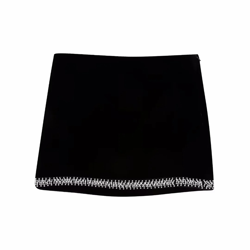 Fashion Black Bright Embellished Velvet Skirt,Skirts
