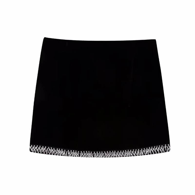 Fashion Black Bright Embellished Velvet Skirt,Skirts