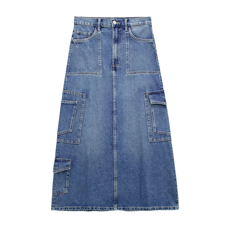Fashion Denim Blue Denim Multi -pocket Skirt,Skirts