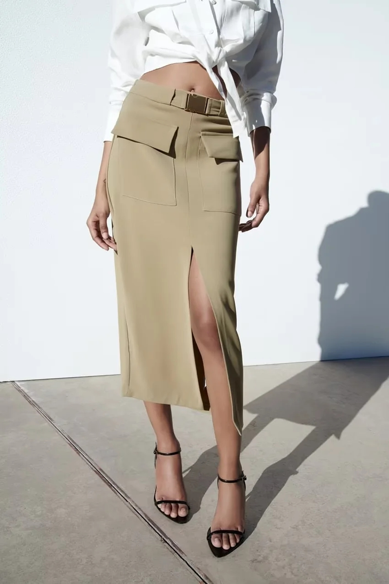 Fashion Khaki Blended Split Skirt,Skirts