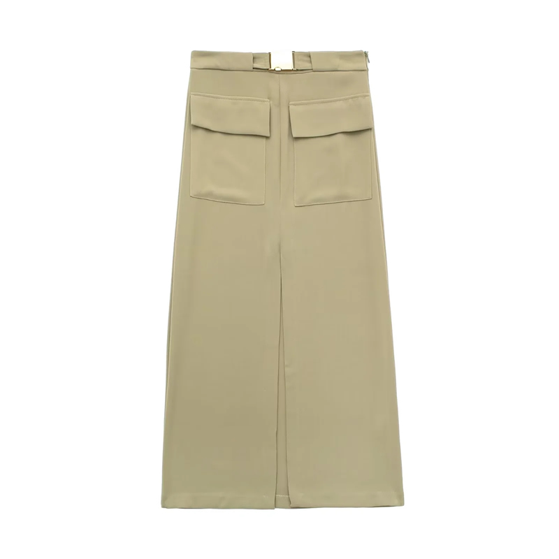 Fashion Khaki Blended Split Skirt,Skirts
