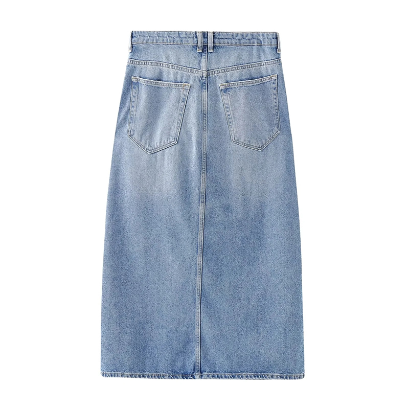 Fashion Blue Straight Cuttled Denim Slim Skirt,Skirts