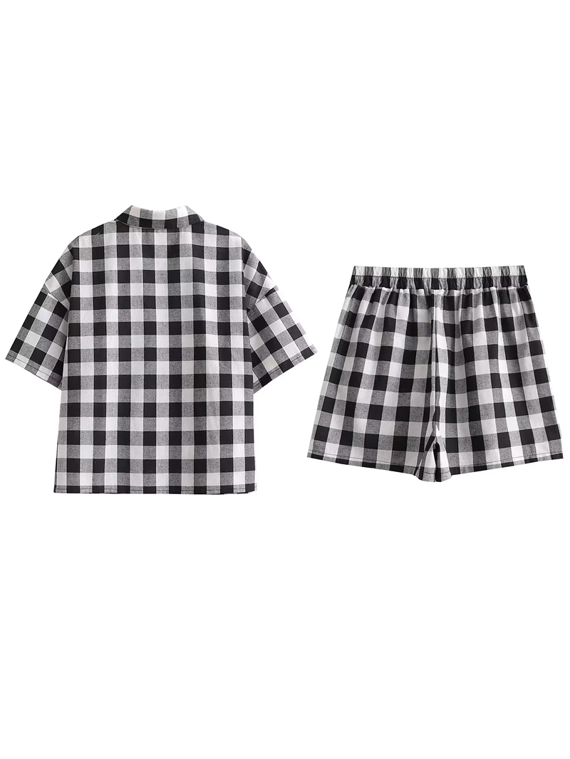 Fashion Black And White Grid Polyester Check Lapel Button-up Short Sleeve Shirt Shorts Set,Tank Tops & Camis