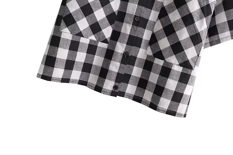 Fashion Black And White Grid Polyester Check Lapel Button-up Short Sleeve Shirt Shorts Set,Tank Tops & Camis