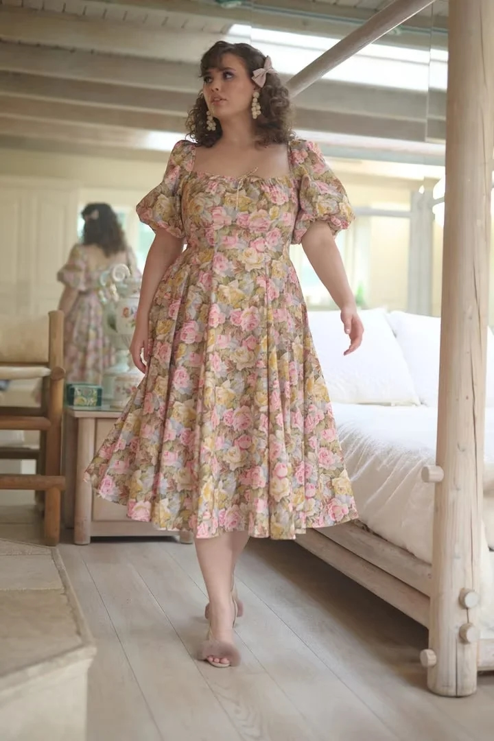Fashion Color Polyester Print Puff Sleeve Square Neck Dress,Long Dress