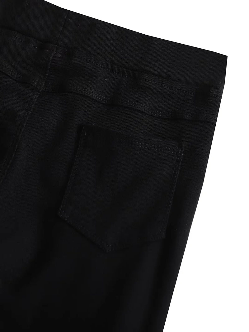 Fashion Black Metal Buckle Stretch Bootcut Trousers,Pants