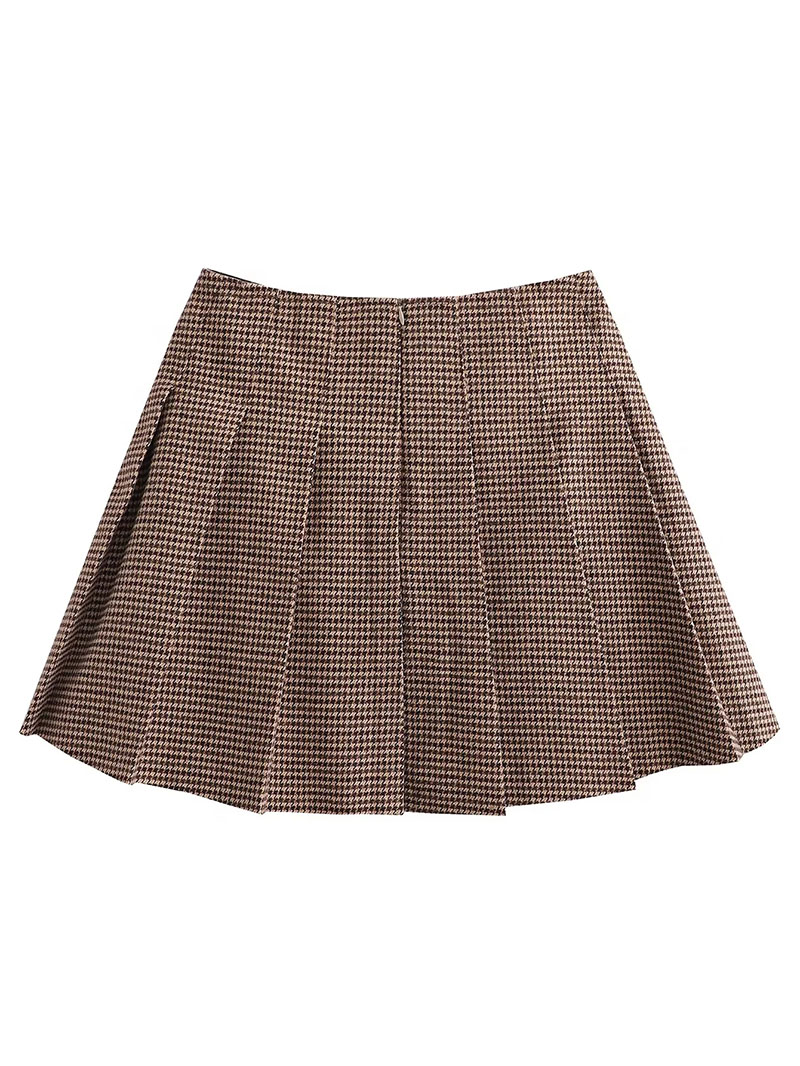 Fashion Khaki Leather Button Check Wide Pleated Skirt,Skirts