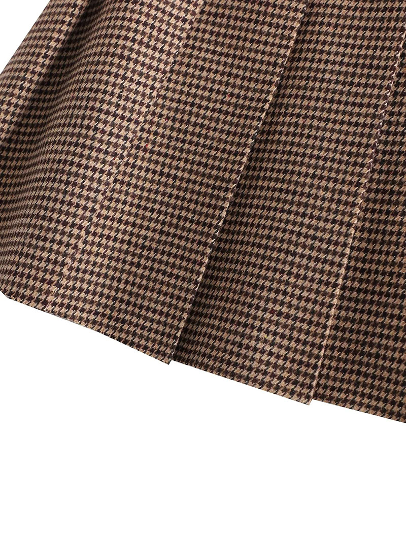 Fashion Khaki Leather Button Check Wide Pleated Skirt,Skirts